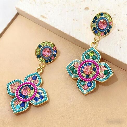 Women's Multicolor Floral Drop Earrings - Vintage Rhinestone Statement Earrings, Boho Gold-Tone Crystal Quatrefoil Flower Dangle Earrings for Party & Vacation in Saudi Arabia