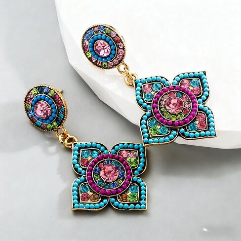 Women's Multicolor Floral Drop Earrings - Vintage Rhinestone Statement Earrings, Boho Gold-Tone Crystal Quatrefoil Flower Dangle Earrings for Party & Vacation in Saudi Arabia