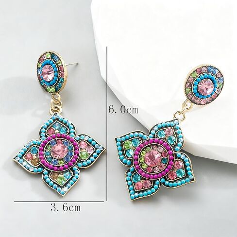 Women's Multicolor Floral Drop Earrings - Vintage Rhinestone Statement Earrings, Boho Gold-Tone Crystal Quatrefoil Flower Dangle Earrings for Party & Vacation in Saudi Arabia