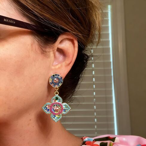 Women's Multicolor Floral Drop Earrings - Vintage Rhinestone Statement Earrings, Boho Gold-Tone Crystal Quatrefoil Flower Dangle Earrings for Party & Vacation in Saudi Arabia