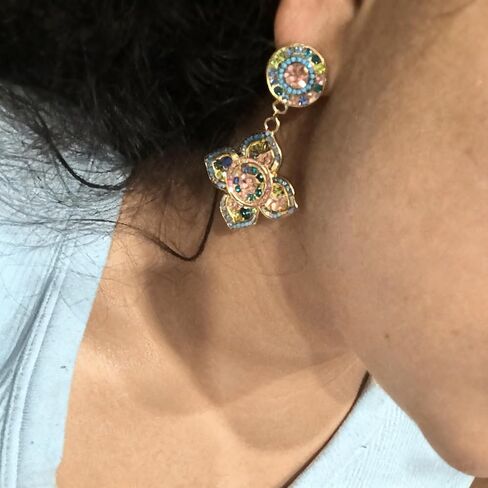 Women's Multicolor Floral Drop Earrings - Vintage Rhinestone Statement Earrings, Boho Gold-Tone Crystal Quatrefoil Flower Dangle Earrings for Party & Vacation in Saudi Arabia