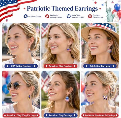 4th of July Earrings for Women American Flag Dangle Earring Patriotic Earrings USA Independence Day Jewelry 4th of July Accessories Red White Blue Gifts 250 Anniversary America Celebration in Saudi Arabia