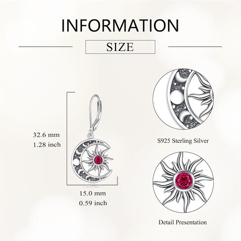 Birthstone Earrings 925 Sterling Silver Birthstone Dangle Earrings Sun Moon Jewelry Gifts for Women in Saudi Arabia