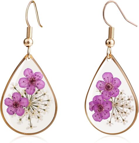 Pressed Flower Earrings for Women - Real Narcissus & Lace Flower Teardrop Dangle Earrings in 14K Gold Plated, Unique Botanical Jewelry in Kuwait