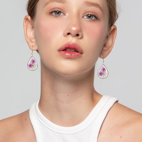 Pressed Flower Earrings for Women - Real Narcissus & Lace Flower Teardrop Dangle Earrings in 14K Gold Plated, Unique Botanical Jewelry in Kuwait
