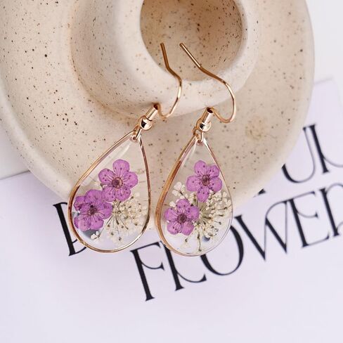 Pressed Flower Earrings for Women - Real Narcissus & Lace Flower Teardrop Dangle Earrings in 14K Gold Plated, Unique Botanical Jewelry in Kuwait