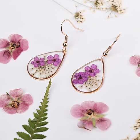 Pressed Flower Earrings for Women - Real Narcissus & Lace Flower Teardrop Dangle Earrings in 14K Gold Plated, Unique Botanical Jewelry in Kuwait