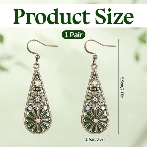 Bohemian Crystal Teardrop Pendant Earring, Vintage Olive Green Hollow Out Flower Floral Dangle Earrings Tribal Geometric Design Handmade Ethnic Statement Jewelry Gift for Women in Saudi Arabia