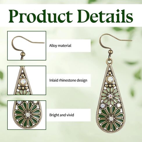 Bohemian Crystal Teardrop Pendant Earring, Vintage Olive Green Hollow Out Flower Floral Dangle Earrings Tribal Geometric Design Handmade Ethnic Statement Jewelry Gift for Women in Saudi Arabia