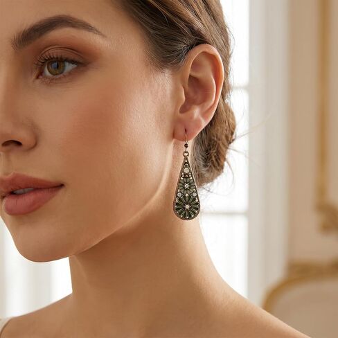 Bohemian Crystal Teardrop Pendant Earring, Vintage Olive Green Hollow Out Flower Floral Dangle Earrings Tribal Geometric Design Handmade Ethnic Statement Jewelry Gift for Women in Saudi Arabia