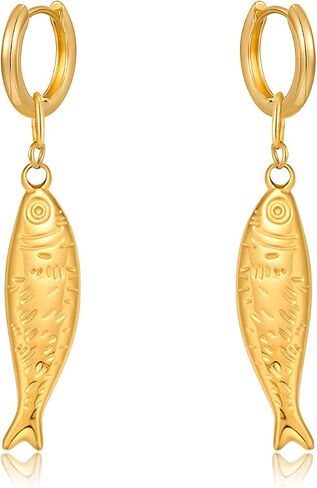 Gold Fish Dangle Earrings for Women, Fun Ocean-Inspired Hoop and Drop Styles for Summer Beach Look in Kuwait
