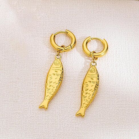 Gold Fish Dangle Earrings for Women, Fun Ocean-Inspired Hoop and Drop Styles for Summer Beach Look in Kuwait