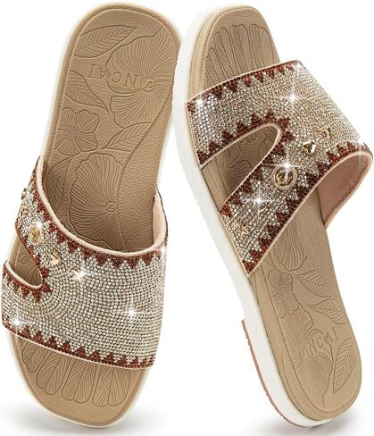 ONCAI Womens Sandals with Rhinestone Ladies Flat Slides, Glitter Sparkly Summer Beach Vacation Comfort Square Open Toe Sandalias Mujer 2026 with Outdoor Rubber Soles Beige White US Size 9 in Saudi Arabia