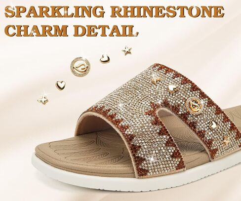 ONCAI Womens Sandals with Rhinestone Ladies Flat Slides, Glitter Sparkly Summer Beach Vacation Comfort Square Open Toe Sandalias Mujer 2026 with Outdoor Rubber Soles Beige White US Size 9 in Saudi Arabia