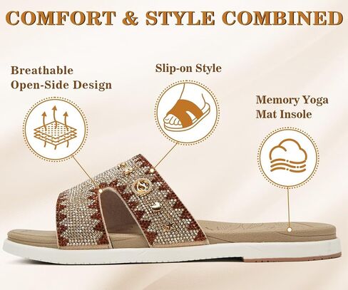 ONCAI Womens Sandals with Rhinestone Ladies Flat Slides, Glitter Sparkly Summer Beach Vacation Comfort Square Open Toe Sandalias Mujer 2026 with Outdoor Rubber Soles Beige White US Size 9 in Saudi Arabia