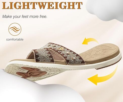 ONCAI Womens Sandals with Rhinestone Ladies Flat Slides, Glitter Sparkly Summer Beach Vacation Comfort Square Open Toe Sandalias Mujer 2026 with Outdoor Rubber Soles Beige White US Size 9 in Saudi Arabia