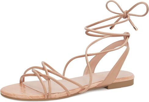 PARTY Women's Strappy Sandals Gladiator Lace Up Flats Summer Wrap Open Toe Tie Up Shoes, Nude, 8B in Saudi Arabia