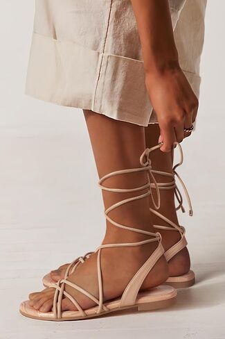 PARTY Women's Strappy Sandals Gladiator Lace Up Flats Summer Wrap Open Toe Tie Up Shoes, Nude, 8B in Saudi Arabia