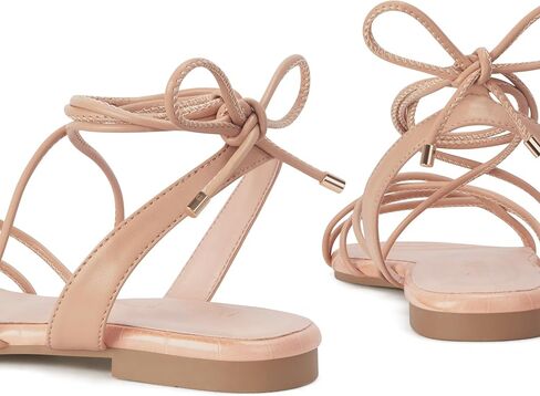 PARTY Women's Strappy Sandals Gladiator Lace Up Flats Summer Wrap Open Toe Tie Up Shoes, Nude, 8B in Saudi Arabia