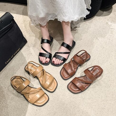 Summer Sandals for Women - Vegan Leather Beach Slip on Lightweight Double Elastic Strap Sandals Black in Kuwait