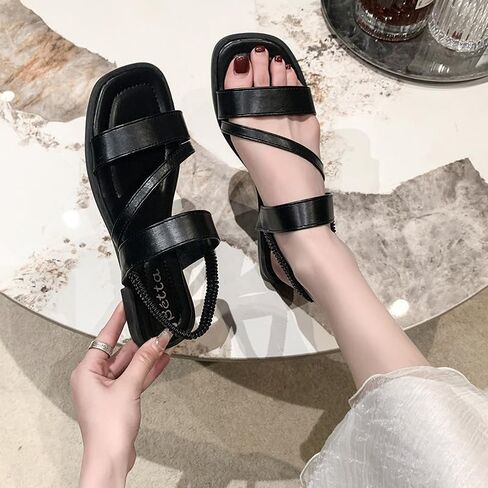 Summer Sandals for Women - Vegan Leather Beach Slip on Lightweight Double Elastic Strap Sandals Black in Kuwait