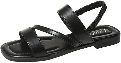 Summer Sandals for Women - Vegan Leather Beach Slip on Lightweight Double Elastic Strap Sandals Black in Kuwait