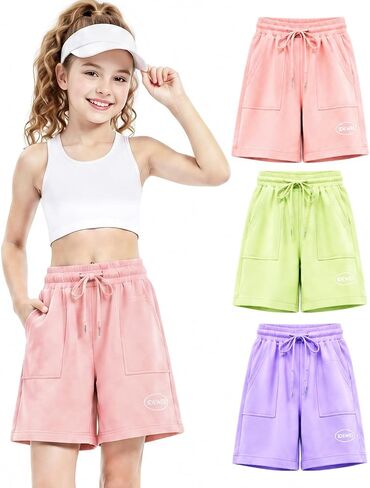 3 Pack Girls Bermuda Short-100% Cotton, Cargo Athletic Shorts Knee Length w/Drawstring Pockets for Soccer Sports/Daily Wear in Kuwait