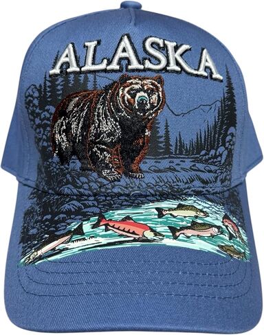 Robin Ruth Quality Ball Cap Hat Alaska Bear in River Salmon Fish Graffic Bill and Embroidered Detail Lake Blue in Saudi Arabia