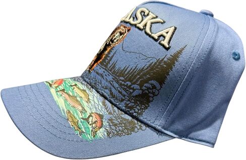 Robin Ruth Quality Ball Cap Hat Alaska Bear in River Salmon Fish Graffic Bill and Embroidered Detail Lake Blue in Saudi Arabia