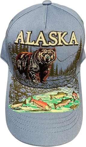 Robin Ruth Quality Ball Cap Hat Alaska Bear in River Salmon Fish Graffic Bill and Embroidered Detail Lake Blue in Saudi Arabia