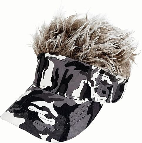 Mens Visor Cap with Hair Wig Spiked, Novelty Baseball Hat Adjustable Wide Brim Peaked Golf Dad Hat Funny Party Hats in Kuwait