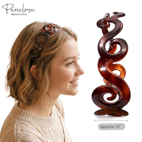 Parcelona French Swirls Wide 1.5" Tortoise Shell Celluloid Acetate Flexible No Slip Sturdy and Durable Hair Clips Hair Headband for Women and Girls, Made in France in Kuwait