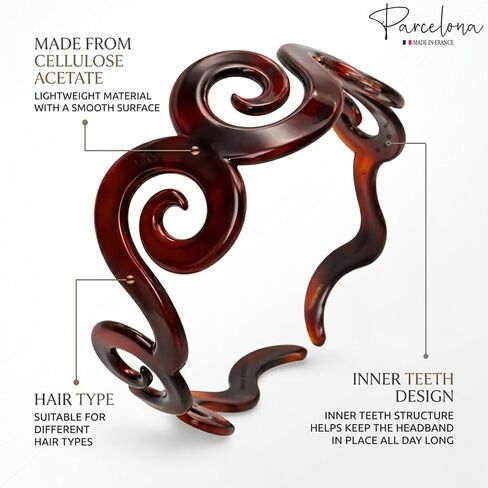 Parcelona French Swirls Wide 1.5" Tortoise Shell Celluloid Acetate Flexible No Slip Sturdy and Durable Hair Clips Hair Headband for Women and Girls, Made in France in Kuwait