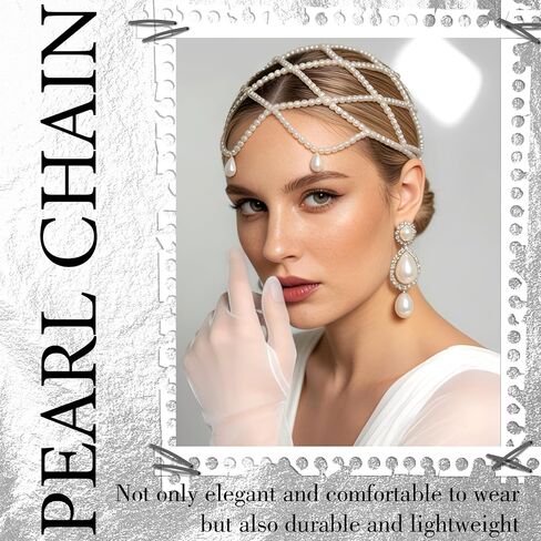 Wedding Pearl Head Chain White Tassel Pearl Hair Cap 1920s Flapper Cap Headpiece Elegant Great Gatsby Headband Prom Bridal Costume Hair Accessories Jewelry for Brides Women in Saudi Arabia