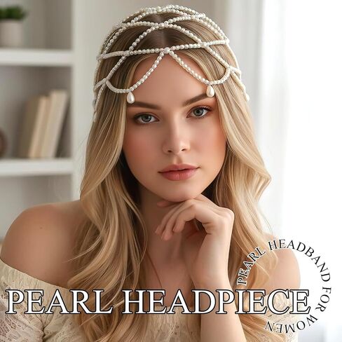 Wedding Pearl Head Chain White Tassel Pearl Hair Cap 1920s Flapper Cap Headpiece Elegant Great Gatsby Headband Prom Bridal Costume Hair Accessories Jewelry for Brides Women in Saudi Arabia