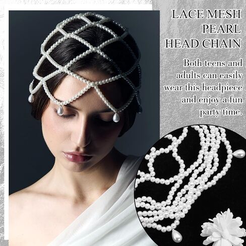 Wedding Pearl Head Chain White Tassel Pearl Hair Cap 1920s Flapper Cap Headpiece Elegant Great Gatsby Headband Prom Bridal Costume Hair Accessories Jewelry for Brides Women in Saudi Arabia