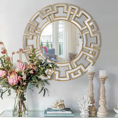 Chende Gold Mirrors for Decor, 32'' Round Wall Mirror with Beveled Glass Frame, Modern Decorative Mirror with Wood Frame for Living Room, Entryway, Dining Room, Bathroom in Saudi Arabia