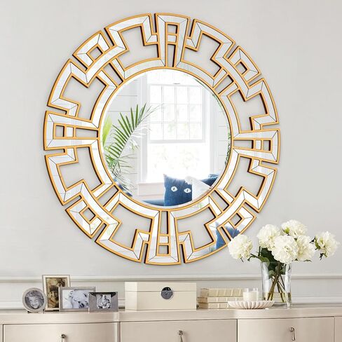 Chende Gold Mirrors for Decor, 32'' Round Wall Mirror with Beveled Glass Frame, Modern Decorative Mirror with Wood Frame for Living Room, Entryway, Dining Room, Bathroom in Saudi Arabia