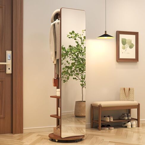 Muwuele Solid Wood Full Length Mirror Coat Rack, 70" x 20" Oversize Standing Mirror Full Length with Brake Wheels, Floor Mirror for Living Room, Entryway (Walnut) in Kuwait