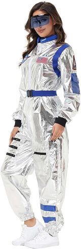 Astronaut Costume Adult Women Silver Space Suit Astronaut Jumpsuit with Belt Halloween Cosplay Costume in Saudi Arabia