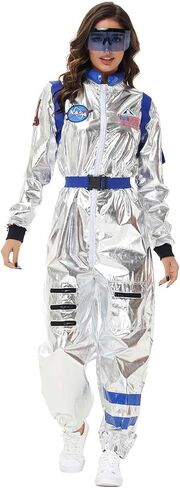 Astronaut Costume Adult Women Silver Space Suit Astronaut Jumpsuit with Belt Halloween Cosplay Costume in Saudi Arabia
