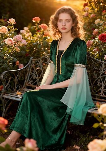 Medieval Renaissance Dress, Green Ren Faire Elf Costume Gown with Bell Sleeves in Saudi Arabia