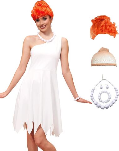 ALIREVERIE Women's Halloween 7 Pcs White Costume Dress Party Outfit with Necklace and Wig in Saudi Arabia