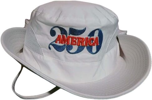 Trade Winds America 250 White 1776 Embroidered Outdoor Bucket Boonie Sun Hat w/Chin Strap in Kuwait