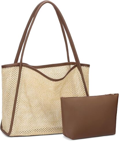 RNIEGA Beach Tote Bags for Women Mesh Straw Bag Woven Handbag Summer Shoulder Purse with Small Pouch in Saudi Arabia