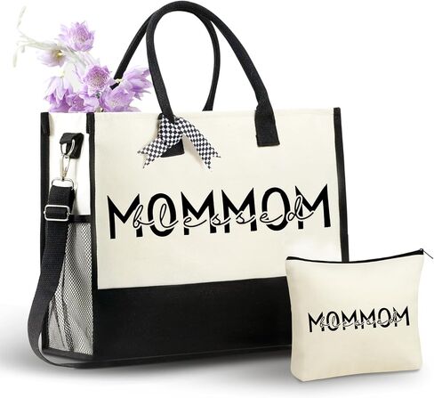 هدايا InnoBeta Mommom للجدة، حقيبة حمل قماشية في عيد الميلاد أو عيد الميلاد، حقيبة مع إغلاق بسحاب علوي وحزام كتف - Mommom المباركة in Kuwait