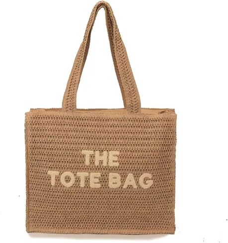 Straw Tote Bag for Women, Large Woven Beach Bag with THE TOTE BAG Embroidery, Handmade Crochet Shoulder Bag in Kuwait