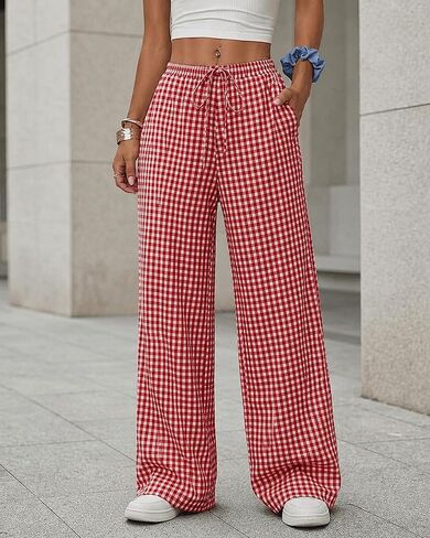 Palazzo Pants for Women, Wide Leg Casual Trousers with Elastic Waist Drawstring, Gingham Plaid Pants in Kuwait