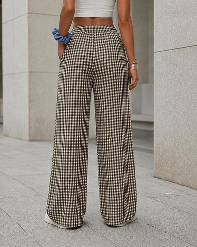 Palazzo Pants for Women, Wide Leg Casual Trousers with Elastic Waist Drawstring, Gingham Plaid Pants in Kuwait