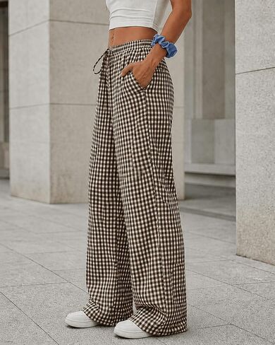 Palazzo Pants for Women, Wide Leg Casual Trousers with Elastic Waist Drawstring, Gingham Plaid Pants in Kuwait